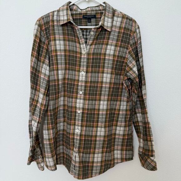 Women's Banana Republic Soft Wash Button Up XL Green Orange Yellow Cotton - Picture 1 of 7